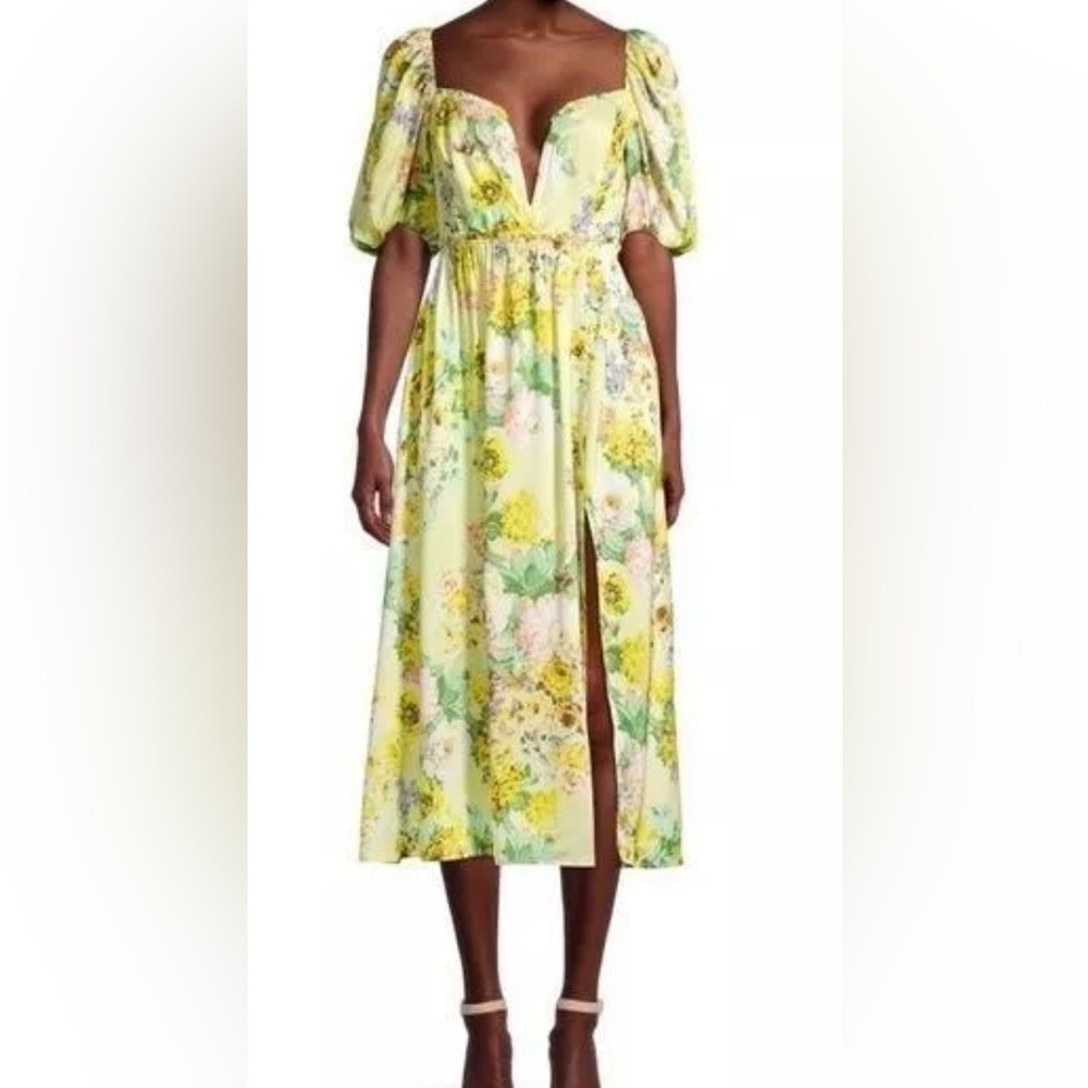 For Love & Lemons Leigh Midi Dress - Plunge Deep V-Wire Floral Yellow Large